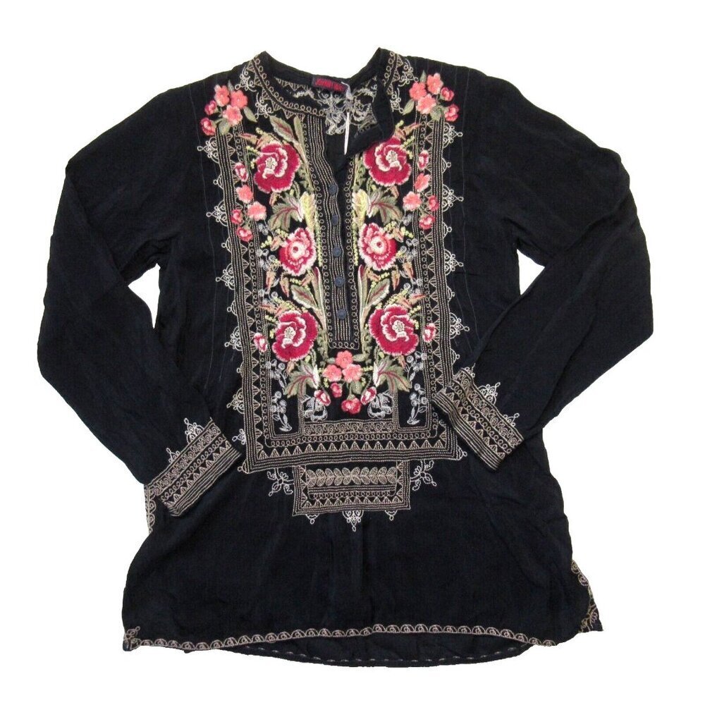 NWT Johnny Was Meadow Tunic in Black Floral Embroidered Henley Blouse Top S